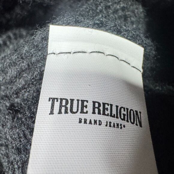 True Religion Women's Black Pom Top Knit Beanie Bejeweled Rhinestone Logo - Picture 5 of 5